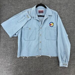 Vintage 90s Cyrk M&M's embroidered denim shirt boxy crop button up long sleeve